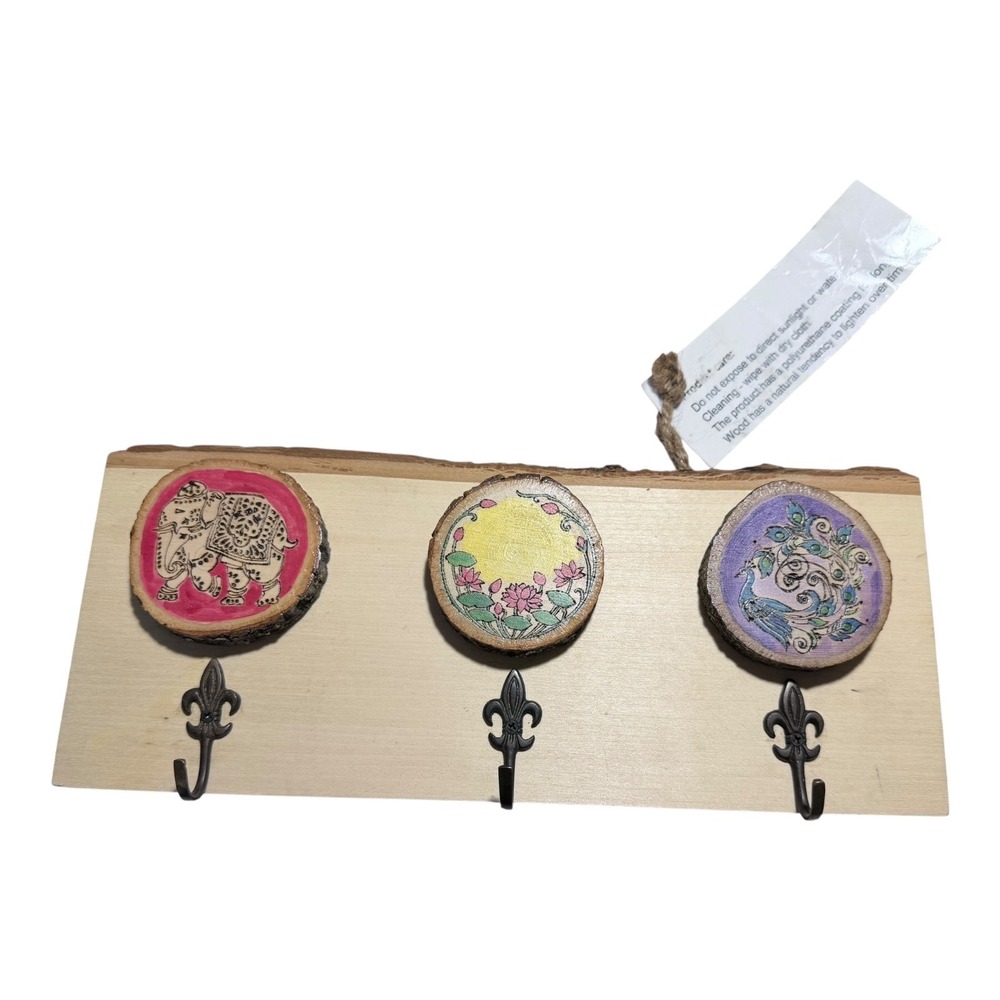 Boho Artisan Wood Slice Wall Hook Rack Hand Painted Elephant Peacock  Decor
